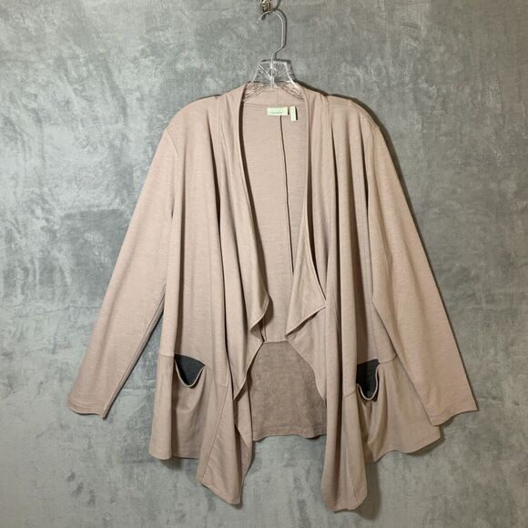 LOGO by Lori Goldstein Open Front Cardigan Large Beige Camel Suede Feel Hem - Picture 1 of 9